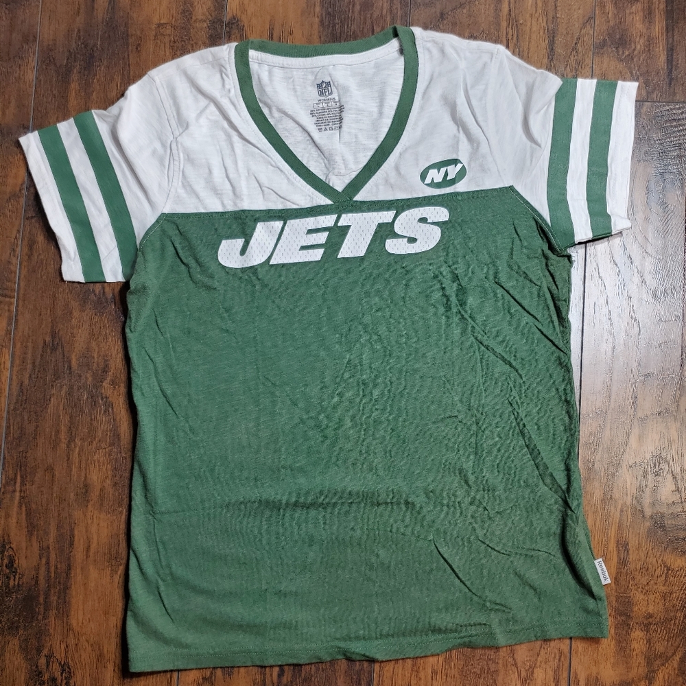 Reebok New York NY Jets women's Green & White v-neck tee t-shirt sz XL
